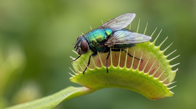 Green bottle fly landed on an open trap of a dionaea muscipula carnivorous plant awaiting capture venus flytrap plant life capture moment predator close-up calliphoridae natural world