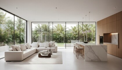 Fototapeta premium Minimalist luxury villa interior, open plan living room and marble kitchen, modern tropical home with floor to ceiling windows and garden view