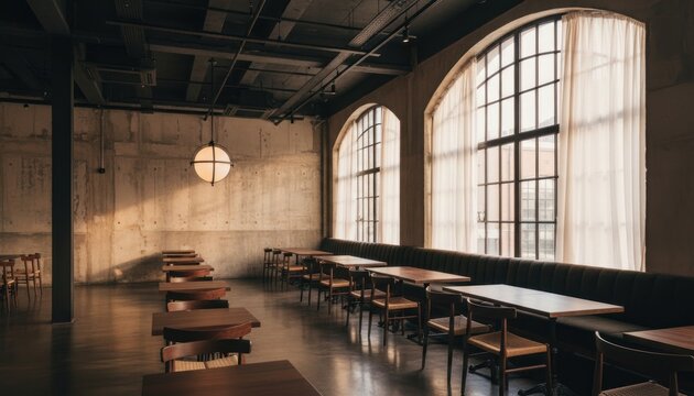 Industrial loft restaurant interior, moody cafe dining room with concrete walls, empty bistro tables and large arched windows in warm sunset light
