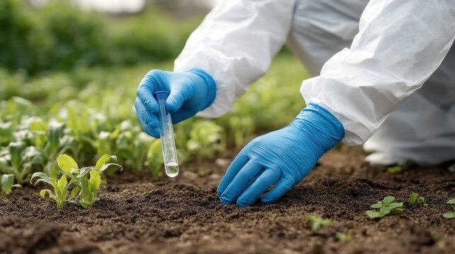 Engineer in Protective Gear Conducting Soil Test with Test Tube Amidst Green Plants in Agricultural Field