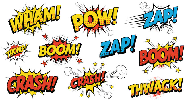 Collection of colorful comic book action sound effects