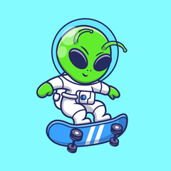 Obraz premium Cute Alien Astronaut Playing Skateboard Cartoon