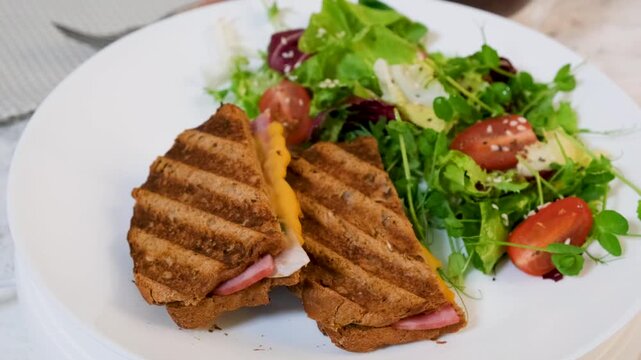 Tasty grilled sandwich with melted cheese rotating on plate close up