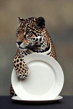 Majestic jaguar resting paw on white plate