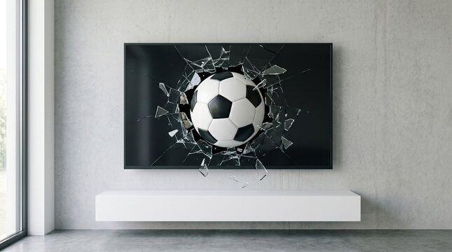 Surreal concept of a soccer ball breaking through a flat screen TV, minimalist interior design, 3D realism effect, exciting sports broadcasts and entertainment technology