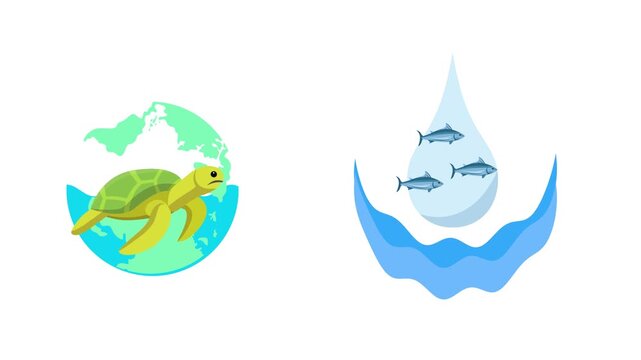 Turtle And Water Drop Ocean Day.World Ocean day Icon concept. Full length Icon animation illustration. High quality&nbsp;4k&nbsp;footage