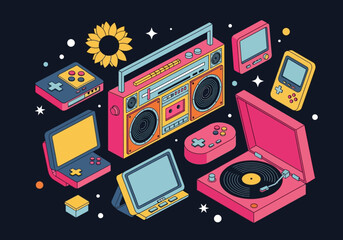 Retro 80s and 90s Nostalgia Vector Illustration with Boombox, Record Player, and Handheld Gaming Consoles on Dark Background © Riska