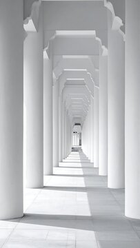 A long white corridor with numerous columns and archways