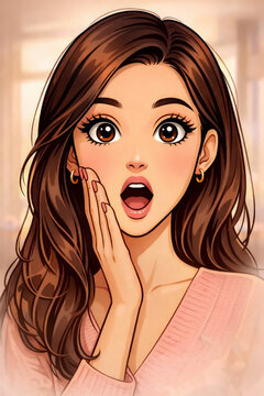 Stylized anime woman with long brown hair and wide eyes holds he