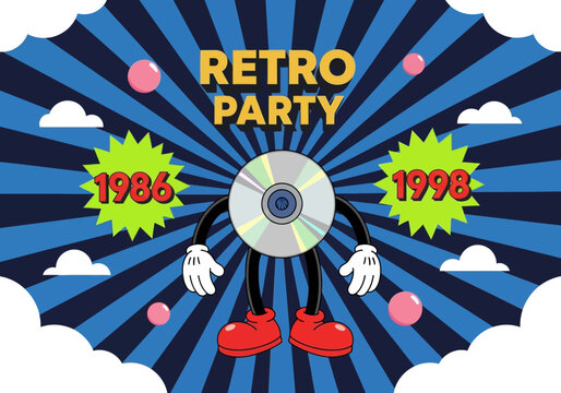 Retro Party Poster Design Featuring a Cartoon CD Character, 1986 to 1998 Nostalgia Theme, Vibrant Blue Sunburst Background for Music Events and Throwback Parties