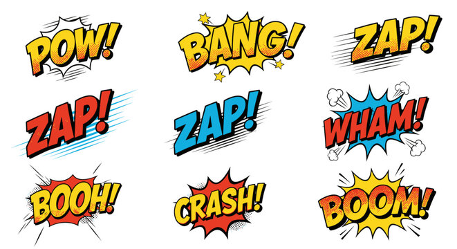 Collection of colorful comic book style action sound effects