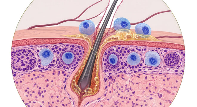 Cutibacterium acnes bacteria proliferating in a human hair follicle with sebum accumulation and immune cell infiltration. Pathogenesis of acne vulgaris, pilosebaceous unit, bacterial proliferation
