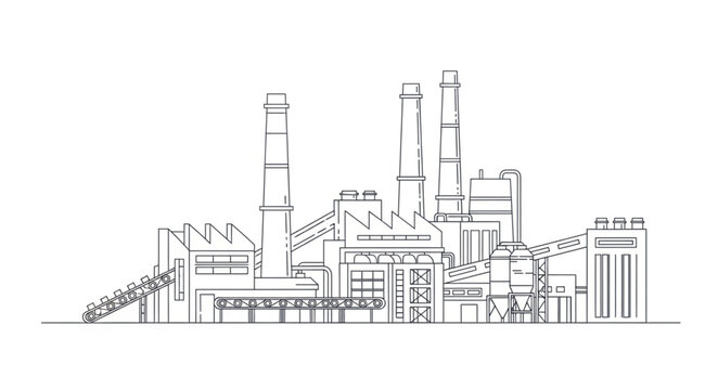 Industrial Factory Building with Smokestacks Sketch.