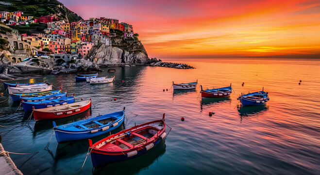 Colorful fishing boats bob gently in a bay at sunset in Manarola.