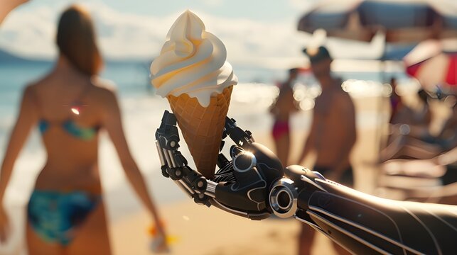 Intricate Black Robotic Arm Holding Vanilla Soft Serve Ice Cream Cone on Sunny Beach Background