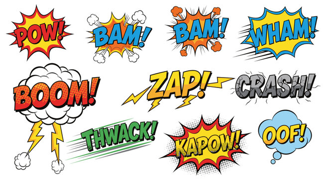 Collection of comic book sound effects bubbles on white background