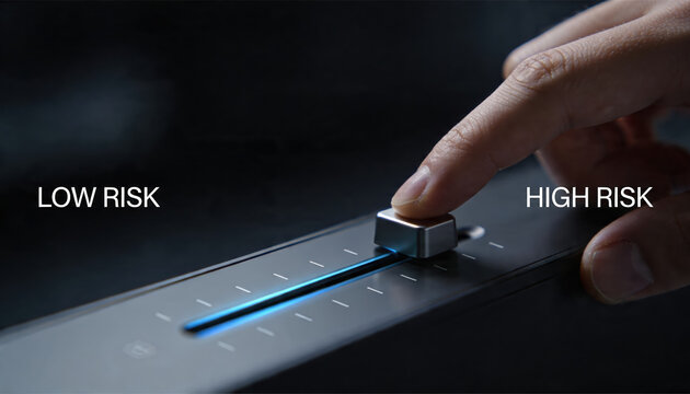 Human hand adjusts glowing risk slider, shifting low to high. Business strategy decision, finance control, modern digital technology progress
