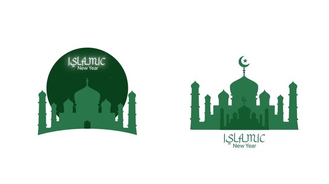 Green Mosque Skyline Islamic New Year. Islamic new year Icon concept. Full length Icon animation illustration. High quality&nbsp;4k&nbsp;footage