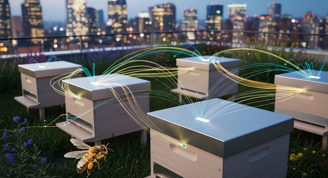Beehives on rooftop with city skyline background