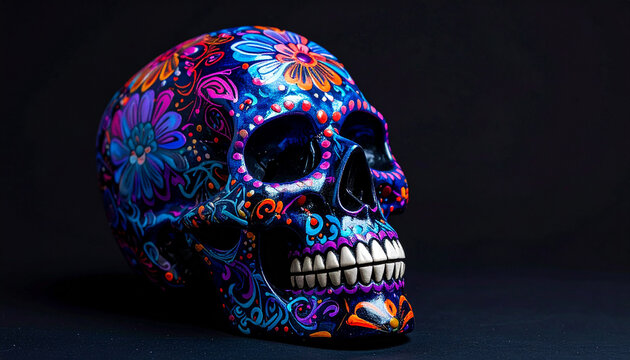 Colorful detailed human skull on pure black background, vibrant blue and purple hues, gothic art and memento mori concept.