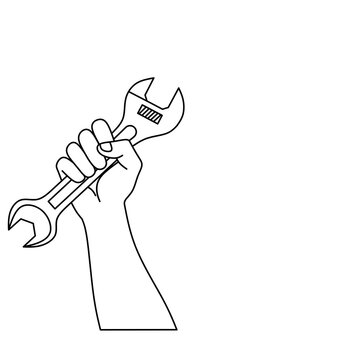 Hamd holding wrench line design image,hand hold grips wrench outline vector,oneline hand hold grips wrench illustration,happy labor day design template,hand hold wrench line design icon 