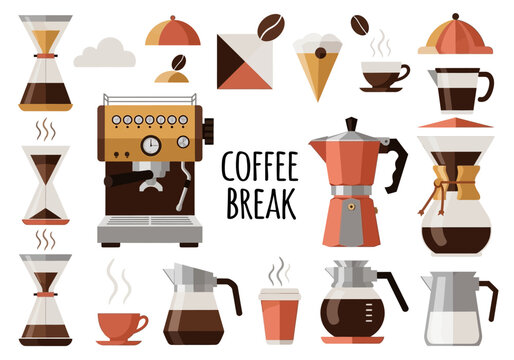 Modern Flat Vector Coffee Brewing Icons Set with Espresso Machine, Moka Pot, Chemex, and Cups. Professional Coffee Shop Branding and Cafe Menu Graphic Elements.