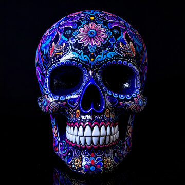 Colorful detailed human skull on pure black background, vibrant blue and purple hues, gothic art and memento mori concept.