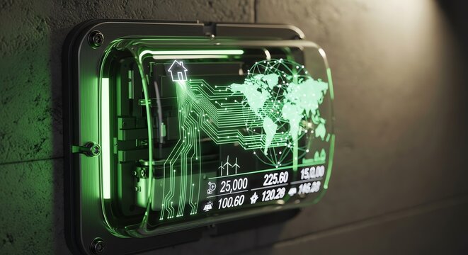 Digital display with world map and data visualization
