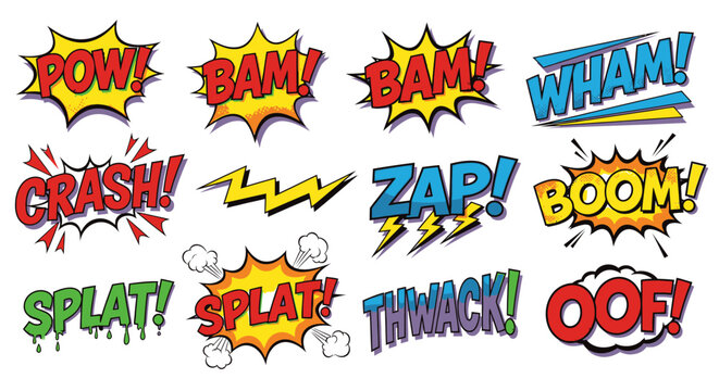 Colorful comic book onomatopoeia sound effect bubbles set