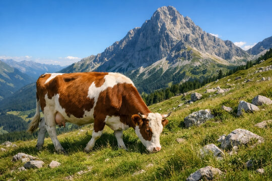 Brown and white dairy cow calmly grazes on a sunny alpine meadow