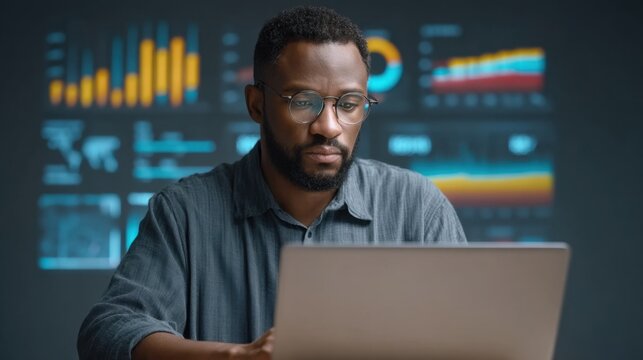 Professional man wearing glasses working on a laptop in an office environment with data visualizations on the wall behind him