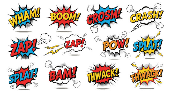 Colorful comic book onomatopoeia sound effect bursts set