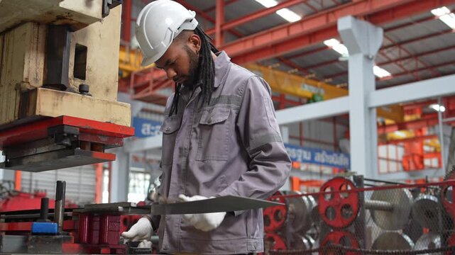 Industrial worker operating machinery in manufacturing facility precision metal fabrication factory environment close-up view