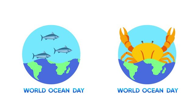 Crab And Fish World Ocean Day.World Ocean day Icon concept. Full length Icon animation illustration. High quality&nbsp;4k&nbsp;footage