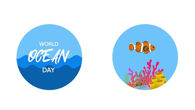 Coral Reef And Clownfish World Ocean Day.World Ocean day Icon concept. Full length Icon animation illustration. High quality&nbsp;4k&nbsp;footage