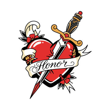 Heart Tattoo with Dagger and Banner Saying Honor