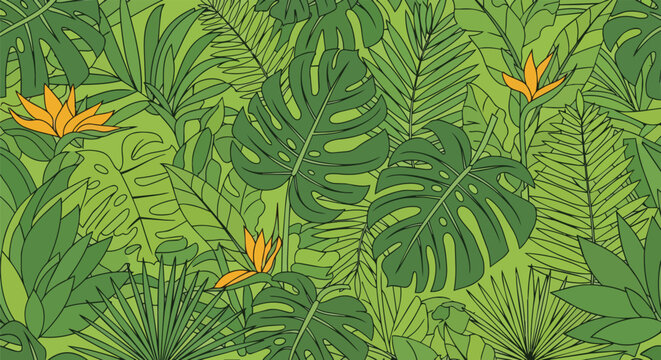 Vibrant Tropical Jungle Foliage with Orange Bird of Paradise Flowers