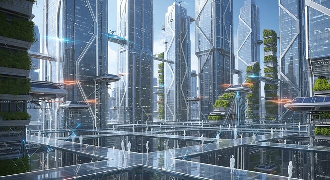 Futuristic cityscape with towering buildings and sky bridges