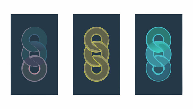 Three vertically arranged abstract linked rings in shades of teal gold and aqua