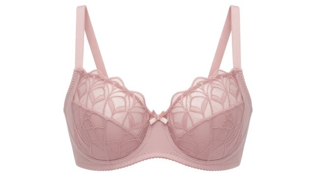 Pink floral lace bra isolated on white background