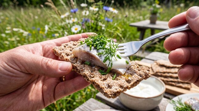 Eating traditional Swedish pickled herring on crispbread in a summer meadow.
