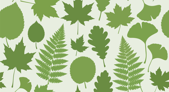 Seamless Pattern of Green Leaf Silhouettes - Nature, Autumn, Botanical Background