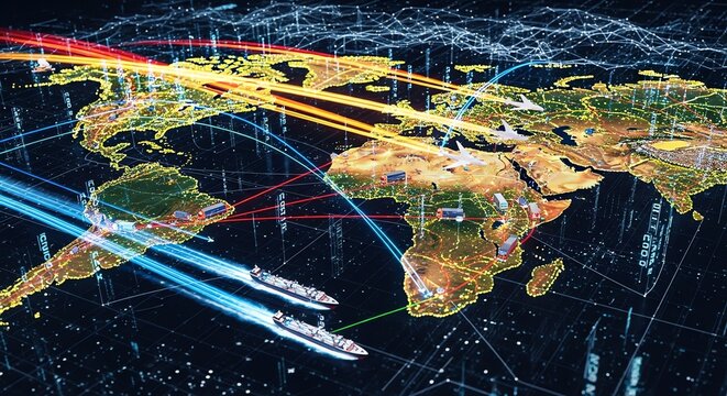 Global network connections over world map