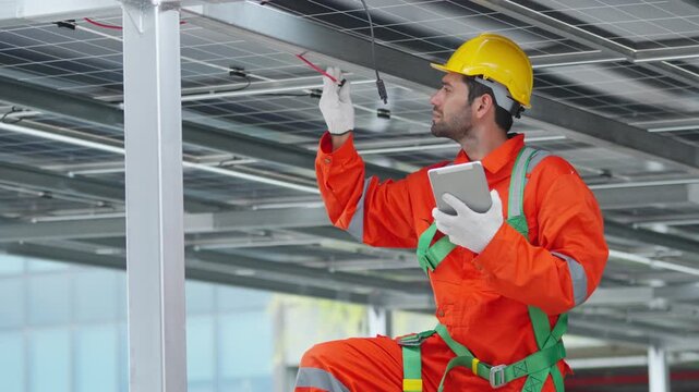 Male engineer inspecting electrical wiring under solar panels using clamp meter checking current and voltage renewable energy system technician maintenance industrial electrical inspection process