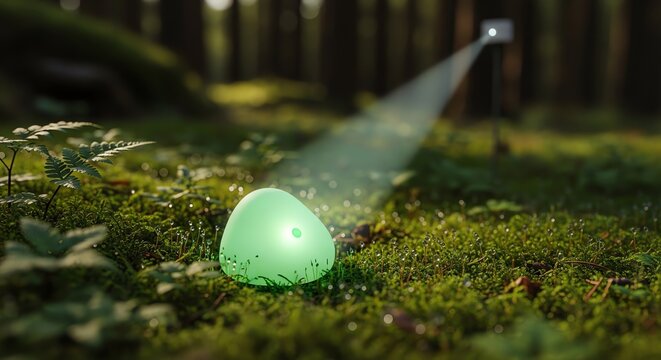 Glowing green egg on mossy forest floor