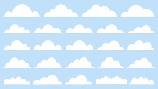 A collection of simple white cloud shapes arranged in neat rows against a light blue background