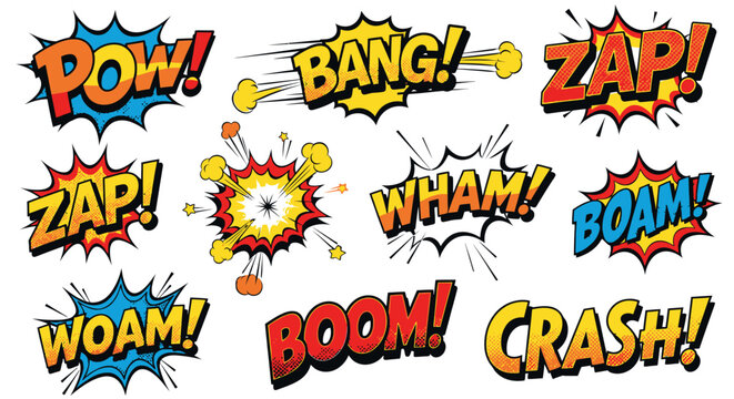 Colorful comic book sound effects and explosion speech bubbles