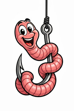 Cheerful pink cartoon worm with big eyes wrapped around a sharp