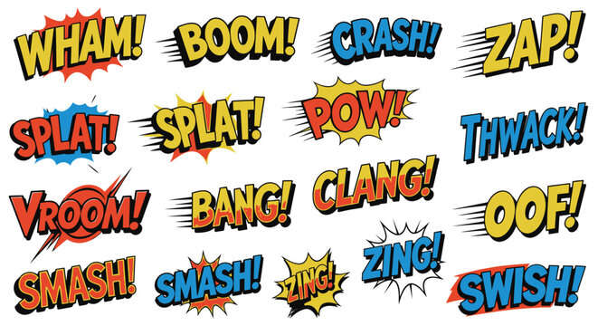 Colorful comic book sound effect action words and speech bubbles