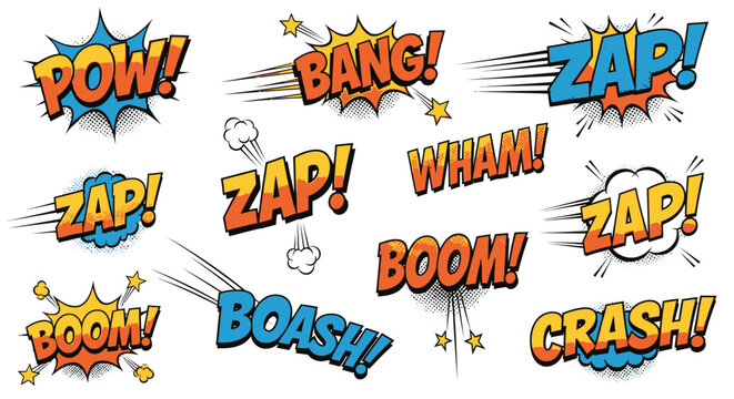 Colorful comic book sound effect bubbles in pop art style